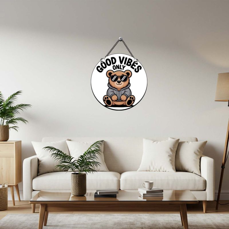 Good Vibes Only Wall Hanging Cute Teddy Wall Art with Chain Hanging Wall Hanging for Living Room, Bedroom, Office, Café Inspirational Wall Art Positive Vibes Decor